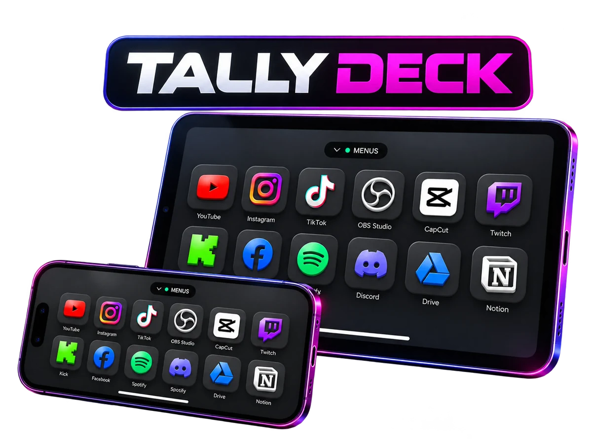Tablet e celular com o painel do TALLY DECK aberto, mostrando teclas de programas e sites